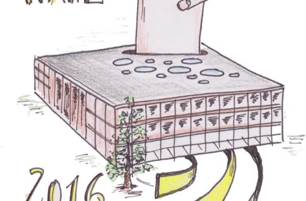 Unter der Überschrift "Landtagswahl" ist Landtagsgebäude zu sehen, das symbolisch als Wahlurne fungiert. Eine Hand wirft einen Stimmzettel in den vorgesehen Schlitz ein. Links unten ist das Jahr 2016 eingetragen.